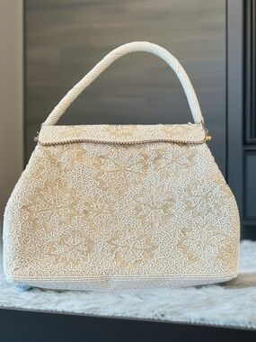 1950’s White and Cream Micro Beaded Purse with Beaded Strap